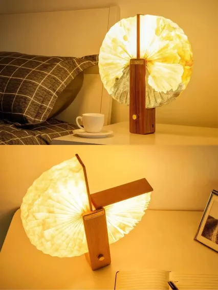 Stylish wooden table lamp on a minimalist desk, emitting a warm glow to create a cozy and natural atmosphere.