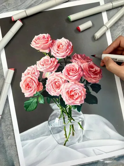 A delicate floral painting featuring soft pink roses, perfect for adding beauty to any space.