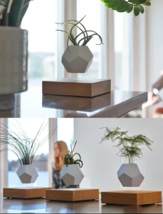 A sleek levitating globe in a modern living room, blending science and art.